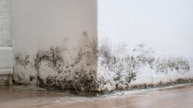 Close-up shot capturing the detrimental effects of mold growth on a wall near the floor. The mold is clearly visible, indicating a significant moisture issue.  Urgent attention is crucial.