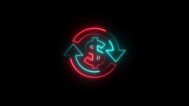 Neon Dollar with rotation arrow icon animation. Business and finance concepts icon motion. dollar symbol icon 4k video footage.