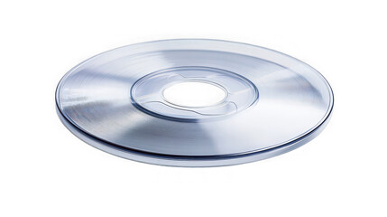 Reflective silver magnetic data tape reel with a central clear plastic hub isolated on a stark black background symbolizing digital storage technology.