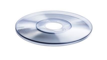 Reflective silver magnetic data tape reel with a central clear plastic hub isolated on a stark black background symbolizing digital storage technology.