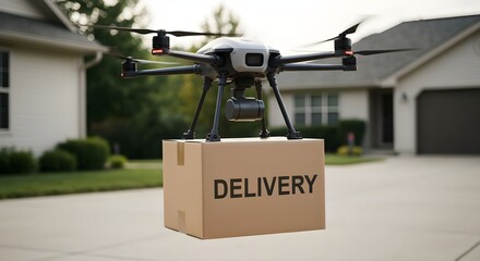 Drone quadcopter with digital camera delivering parcel box. Online shopping delivery service concept.