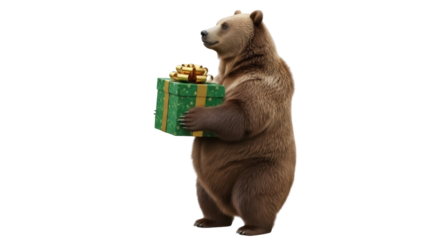 Isolated Brown Bear Standing Holding a Gift, Mammal, Wild Animal, Furry Animal, Present
