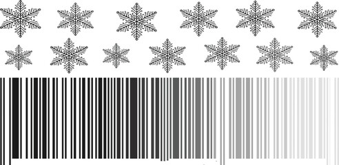 Black Snowflake Icon Set and Abstract Gradient Barcode Vector Illustration for Winter Season Retail Sales Holiday Logistics and Christmas Commercial Promotions