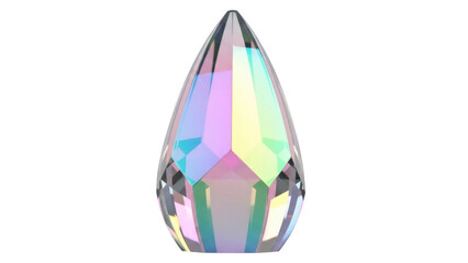 Isolated translucent iridescent teardrop crystal, colorful faceted gem, jewelry making craft supply