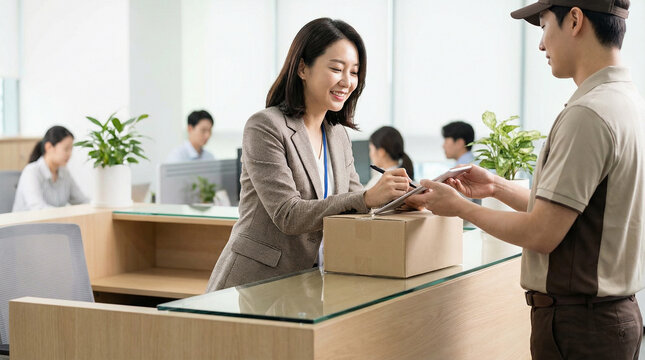 Young Asian woman receiving parcel from delivery man in office.