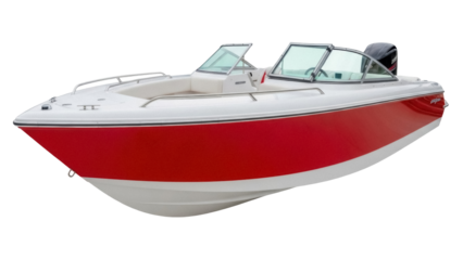 Isolated motorboat angling on water, a recreational vessel with red accent for fishing trip