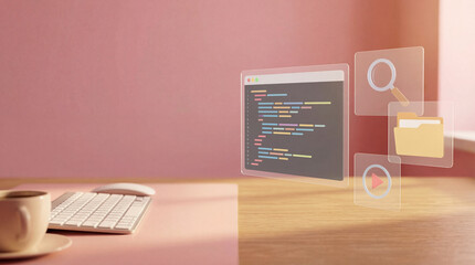 Modern Programming Workspace with Digital Interface and Icons