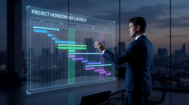 Businessman Analyzing Project Timeline on Futuristic Holographic Display