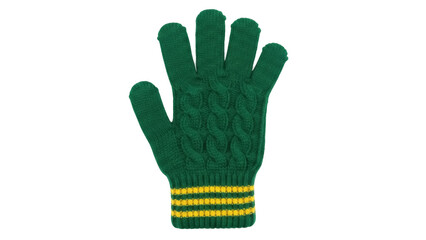 Isolated green wool glove with stripes, winter accessory for hands, knitted and cozy garment