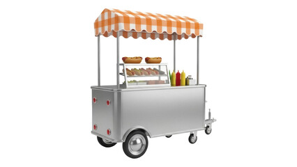 Isolated silver hot dog cart selling hot dogs, with orange and white striped awning design © Julie
