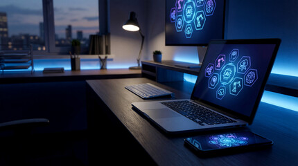 AI Technology and Innovation Displayed on Laptop and Monitor in a Dark Workspace