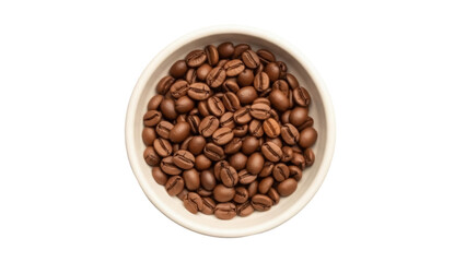 Obraz premium Isolated heap of roasted brown coffee beans in a bowl, aromatic arabica, robusta blend