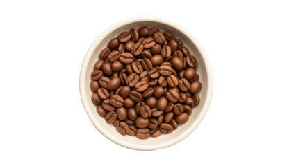 Isolated heap of roasted brown coffee beans in a bowl, aromatic arabica, robusta blend