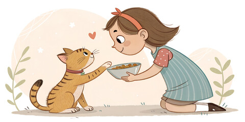 Little girl carefully feeding a cat from her hand. Tender and educational moment showing kindness, care, and responsibility toward animals.