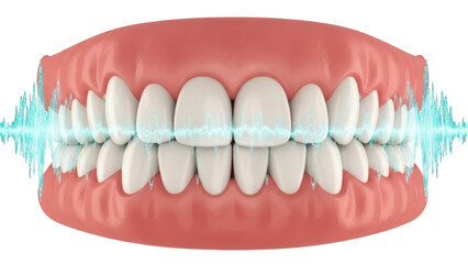 Isolated human jaw teeth and gums showing sensitivity or energy between the teeth