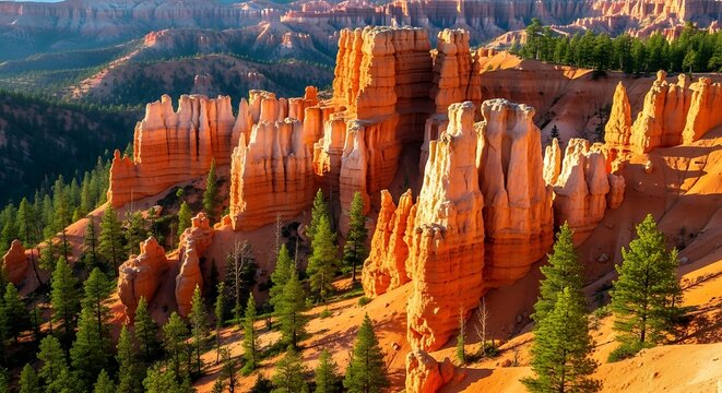 Orange Hoodoo Rock Formations With Green Pine Trees Under Sunlight hoodoos Bryce Canyon