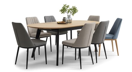 Oval wood dining table with upholstered chairs in neutral tones and blue oval table wood table