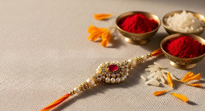A beautifully crafted Rakhi with auspicious kumkum, rice, and marigold petals for a festive Raksha Bandhan celebration concept