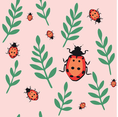 Ladybug and Leaf Pattern on Pink Background