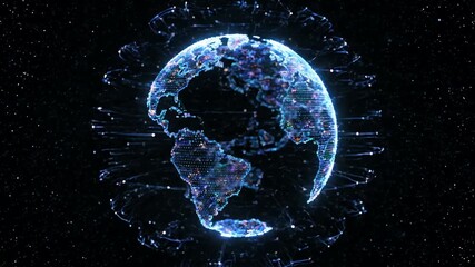 Futuristic digital globe spinning in outer space with glowing data streams and particles creating a network effect - Powered by Adobe