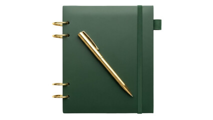 Isolated spiral bound notebook with dark green cover and golden pen resting diagonally on top