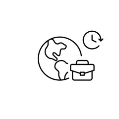 Earth, briefcase and clock. Travel and work trips schedules. Pixel perfect, editable stroke vector icon