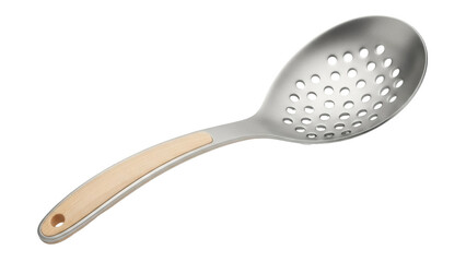Isolated stainless steel skimmer with light wooden handle for kitchen cooking tools