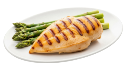 Isolated grilled chicken breast with asparagus on plate, healthy cooking, meal prep, nutritious food