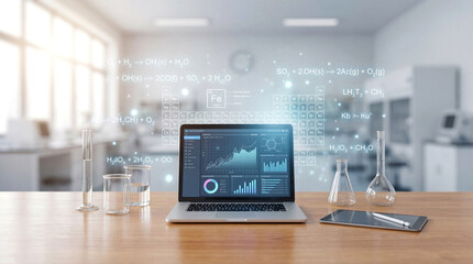 Modern Laboratory Desk with Chemical Formulas and Digital Data Analysis