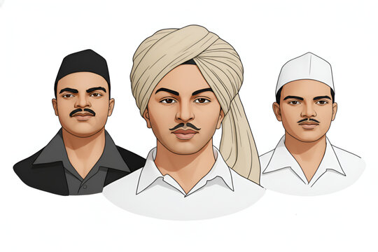 Bhagat Singh Sukhdev Rajguru Indian freedom fighters patriotic illustration symbolizing republic day independence day revolutionary heroes army sacrifice shahid divas national pride unity courage