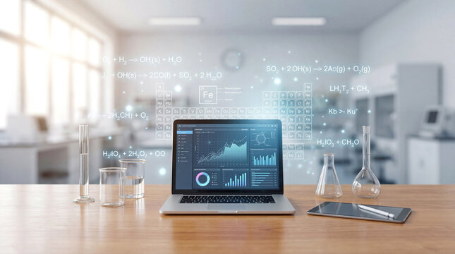 Modern Laboratory Desk with Chemical Formulas and Digital Data Analysis - Powered by Adobe