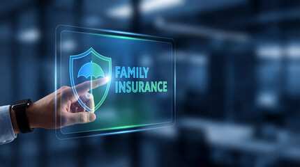 Hand Touching Digital Family Insurance Interface
