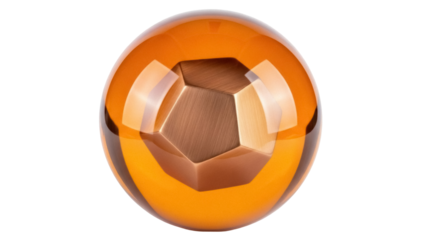 Isolated shiny orange sphere with metal core design, 3D concept, glossy, orb, transparent