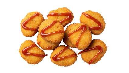 Isolated crispy fried chicken nuggets with a drizzle of red ketchup, perfect for snack or meal