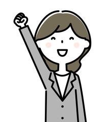 ガッツポーズをするスーツの女性　ファイティングポーズ