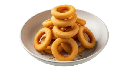 Isolated plate of crispy, golden-brown onion rings for a delicious snack or appetizer