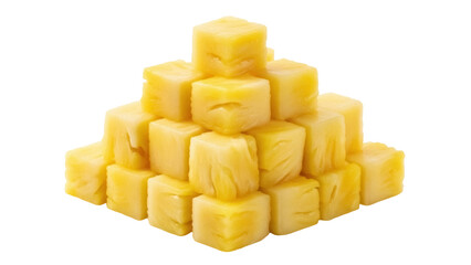 Isolated cubes of yellow pineapple arranged as a stack, healthy snack for summertime treat
