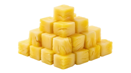 Isolated cubes of yellow pineapple arranged as a stack, healthy snack for summertime treat