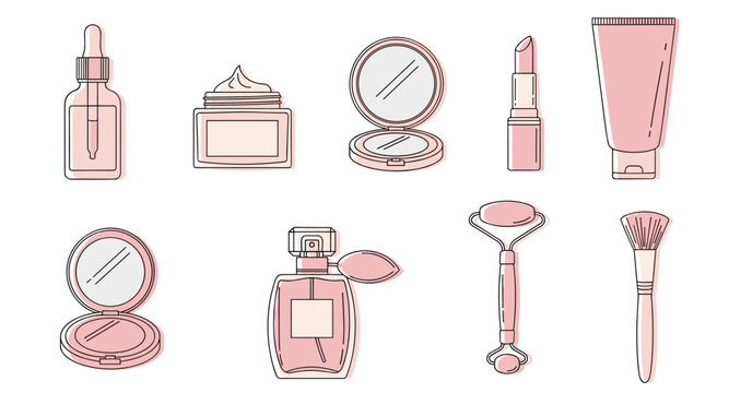 Skincare and makeup icons in pink tones: serum, cream, lipstick, compact, perfume, roller, brush.