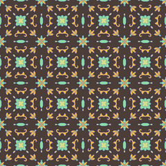 Seamless decorative floral pattern with vintage ornamental motifs on a dark background. Elegant symmetrical design ideal for wallpaper, textile prints, wrapping paper, and classic surface decoration.