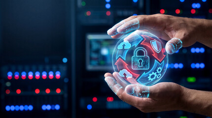Cybersecurity Data Protection Concept in Hands over Server Room Background