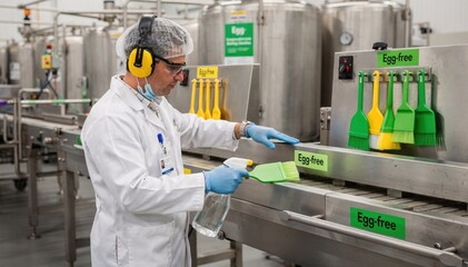 Medium shot of a factory worker performing allergen control shutdown using colorcoded tools to ensure precise cleaning between egg and eggfree production runs.