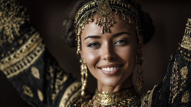 Beautiful Arabian Woman in Black and Gold Tribal Clothing Dancing with Gold Jewelry