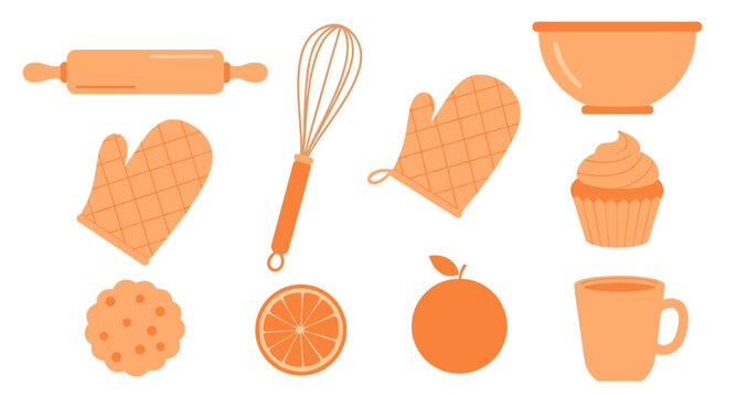 Flat baking icons with whisk, rolling pin, cupcake, cookie, gloves, bowl, orange, cup.