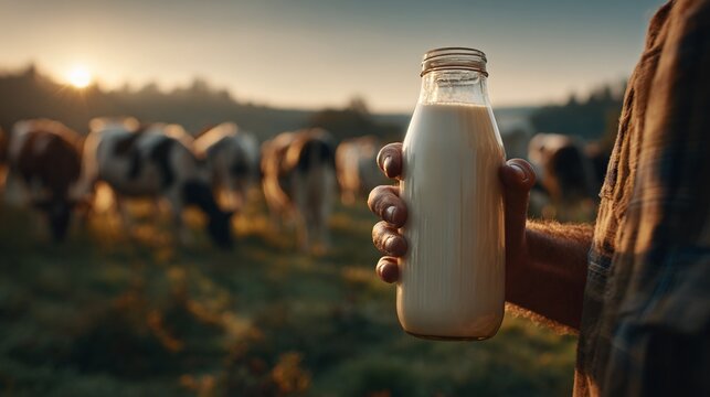 A glass bottle filled with creamy milk held by a farmer amidst grazing cows in a sun-kissed field. Simple pleasures and the wholesome goodness of nature's bounty.
