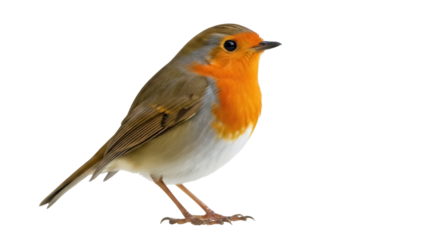 Isolated European Robin, Erithacus rubecula, perched and looking left in perfect focus