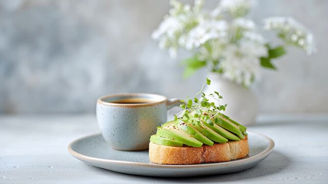 Avocado toast and coffee with rustic gray background and floral decor