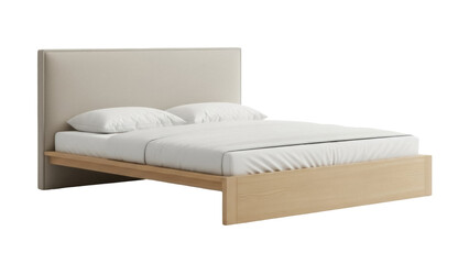 Isolated bed with headboard, contemporary frame, neutral upholstery, linens, bedroom set