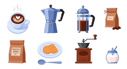 Set of coffee-related items including cup, moka pot, French press, grinder, sugar jar and cookies.