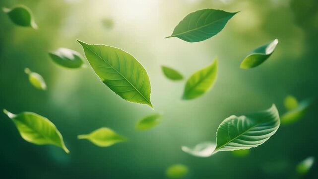 Floating Green Leaves in Soft Light, Fresh Nature Background Representing Growth, Ecology, Sustainability, Clean Energy, and Natural Wellness Concept
